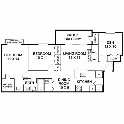 Floor plan for 2 beds, 1 bath, 960 sqft